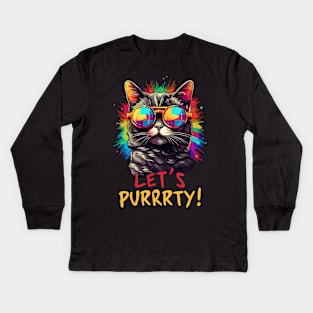 Party Cat in Sunglasses Men Women 90s Retro Pun Funny Cat Kids Long Sleeve T-Shirt